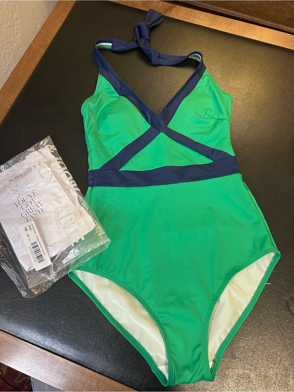 Boden Green One-Piece Swimsuit with Navy Trim, NWT